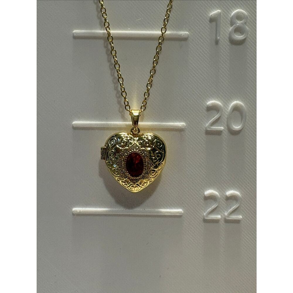 Heart Locket Necklace with Red Gemstone & Anti-Tarnish Finish